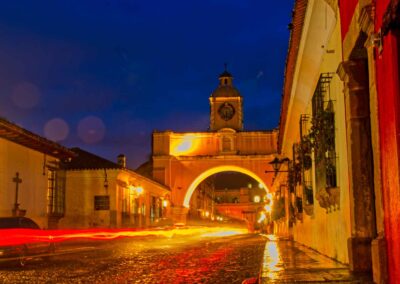 Calle del Arco during the night in the heart of La Antigua, Guatemala.