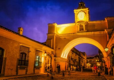 A night photography of the famous Calle del Arco in the heart of Antigua Guatemala