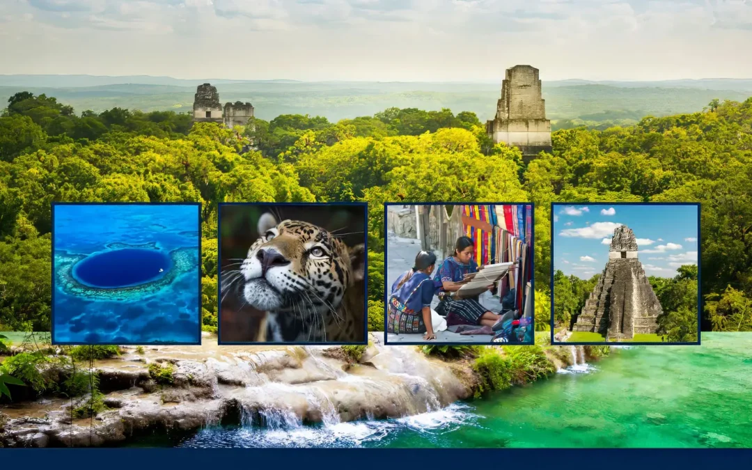 Collage featuring diverse experiences in Guatemala and Belize: tropical fruits in a market, a man standing atop Acatenango Volcano watching Fuego Volcano eruptions, panoramic view of Tikal ruins, and the underwater Blue Hole in Belize