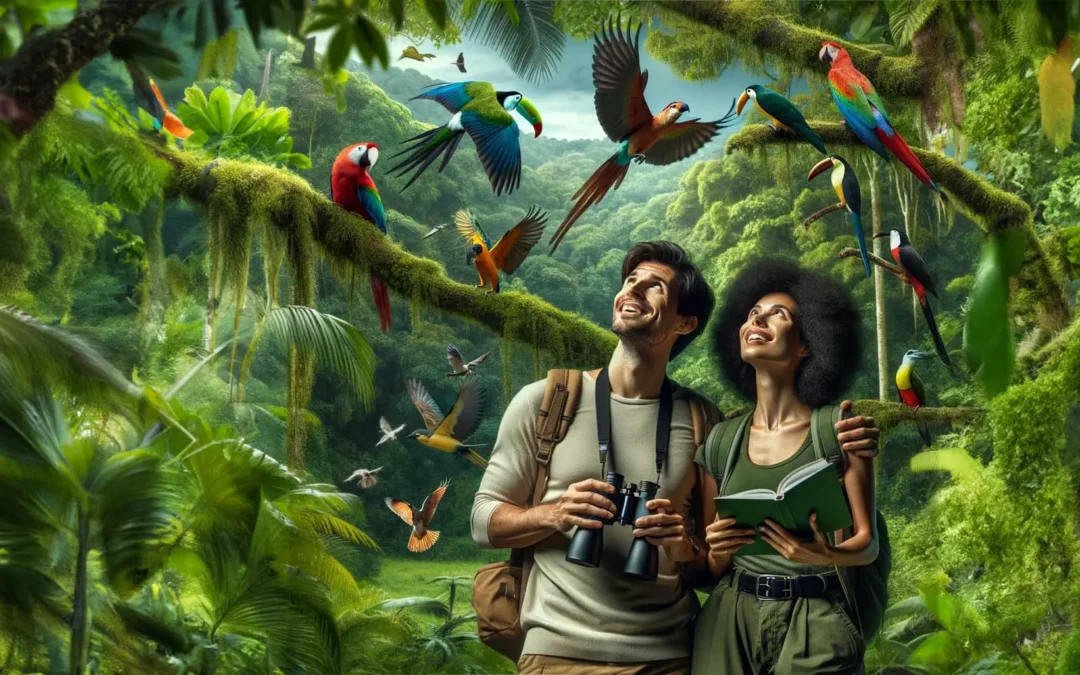 A happy couple during a Birdwatching immersion in a tropical destination.