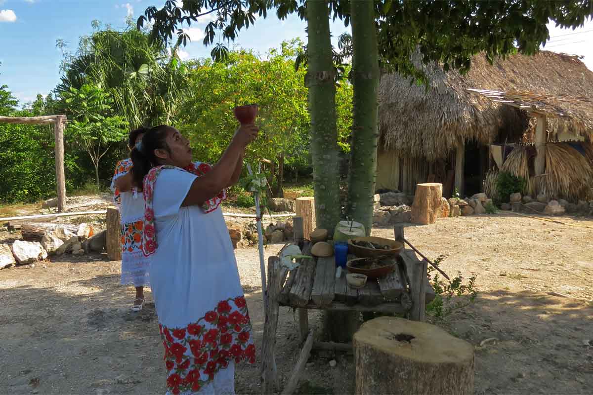 An image of a Mayan shaman dressed in traditional ceremonial attire, holding a wooden smoking cup in both hands. The shaman is surrounded by a mystical atmosphere, performing an ancient ritual in a natural outdoor setting