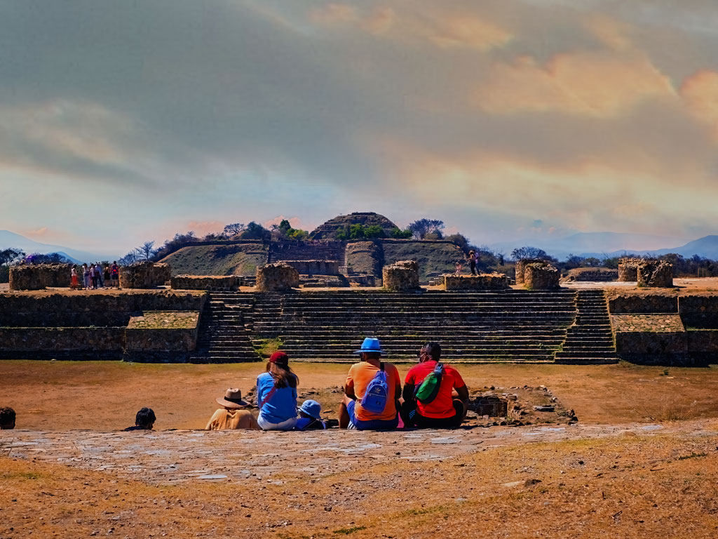 Sunset at Monte Alban, Mexico. Slow Travel in the Mayan World.